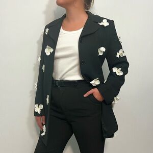 Handmade flower detailed black long blazer. Fashion blazer statement piece.